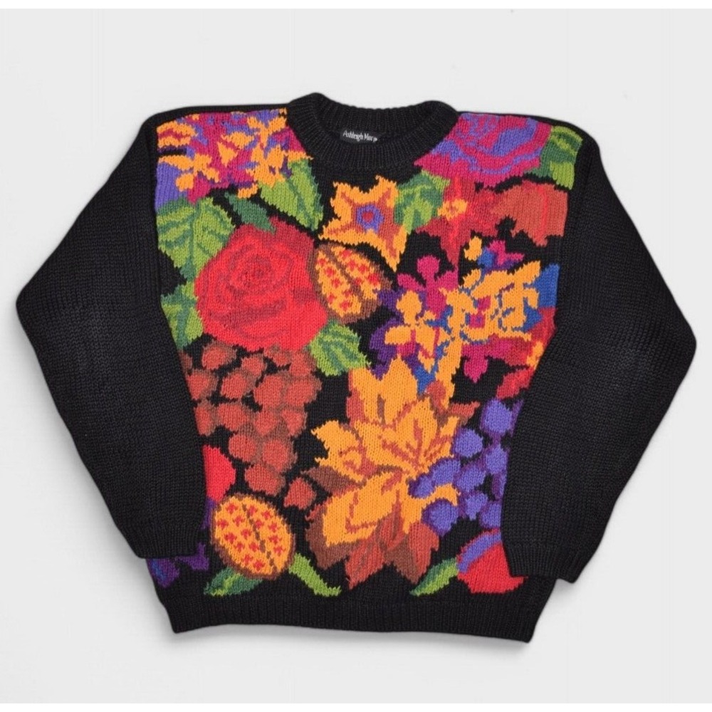 Vintage Ashleigh Morgan Sweater Womens Medium Floral Crewneck Ramie Knit Jumper